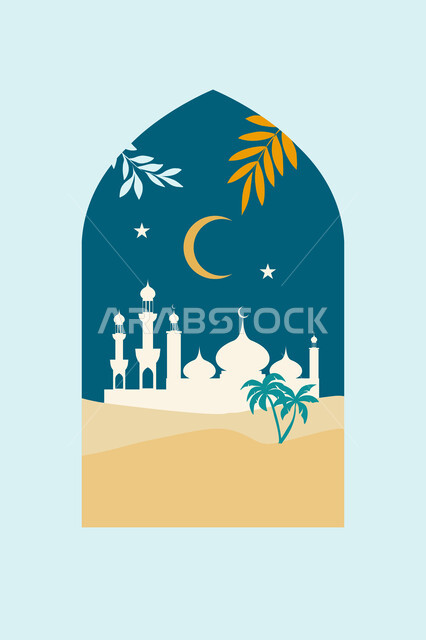 العبادة والتقرب الى الله في رمضان المبارك، الرمال الذهبية الناعمة في الصحراء، تصميم وديكور وزينة اسلامية دينية تقليدية، بطاقة تهنئة المسلمين بقدوم العيد، رسم توضيحي لمسجد على الطراز الاسلامي مع هلال الشهر، أجواء رمضانية روحانية، خلفية بيضاء
