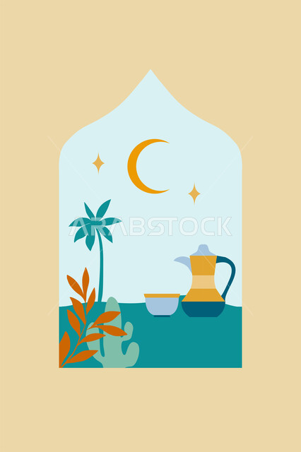 كرم الضيافة وحسن الاسقبال، بطاقة تهنئة المسلمين بقدوم العيد، أجواء رمضانية روحانية، العبادة والتقرب الى الله في رمضان المبارك، الاعياد والمناسبات الدينية، تصميم وديكور وزينة اسلامية تقليدية، رسم توضيحي لهلال الشهر مع دلة القهوة والفنجان، خلفية بيج