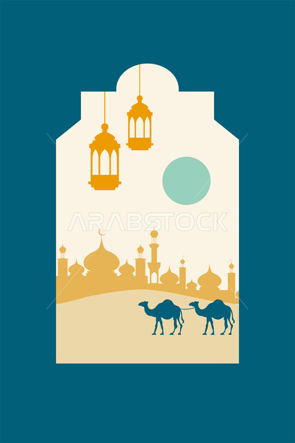 تصميم وديكور وزينة اسلامية تقليدية، تربية ورعاية الجمال في الصحراء، بطاقة تهنئة المسلمين بقدوم العيد، رسم توضيحي لمسجد على الطراز الاسلامي مع البدر وفانوسين معلقين وجملين، العبادة والتقرب الى الله في رمضان المبارك، أجواء رمضانية روحانية، خلفية زرقاء