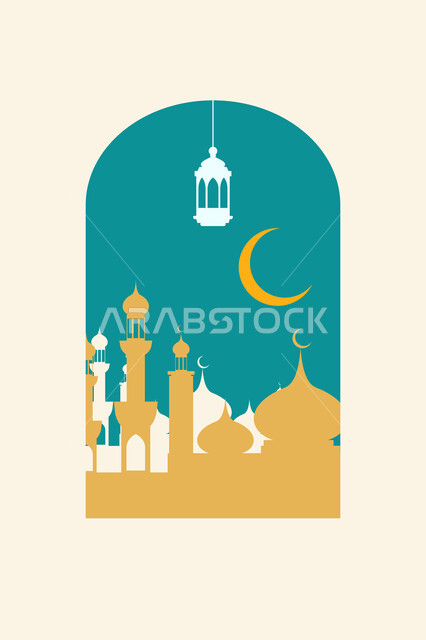 Spiritual Ramadan atmosphere, worship and getting closer to Allah in the holy month of Ramadan, religious holidays and occasions, traditional Islamic design, decoration and ornaments, Muslim Eid greeting card, illustration of an Islamic style mosque with the crescent moon and hanging lantern, beige background