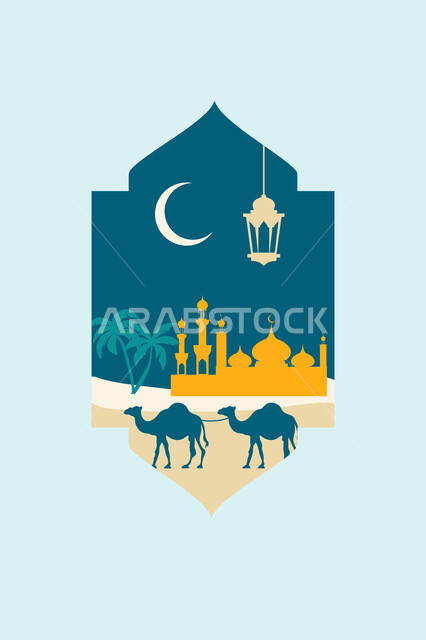 تربية ورعاية الجمال في الصحراء، بطاقة تهنئة المسلمين بقدوم العيد، رسم توضيحي لمسجد على الطراز الاسلامي مع هلال الشهر وفانوس وجملين، تصميم وديكور وزينة اسلامية تقليدية، العبادة والتقرب الى الله في رمضان المبارك، أجواء رمضانية روحانية، خلفية زرقاء