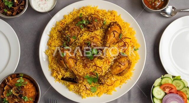 طبق من أرز الكبسة مع الدجاج والمقبلات، وصفة ووجبة شرقية شهية، فن تقديم الطعام في مطابخ ومطاعم السعودية، صحن من البرياني الشهير، ولائم وأطباق عربية تقليدية شعبية، مهارة إعداد وصفة المندي الخليجي المشهورة بالتوابل الغنية بالنكهات