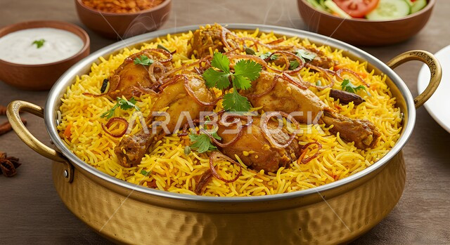ولائم وأطباق عربية تقليدية شعبية، طبق من أرز الكبسة مع الدجاج والمقبلات، وصفة ووجبة شرقية شهية، فن تقديم الطعام في مطابخ ومطاعم السعودية، صحن من البرياني الشهير، مهارة إعداد وصفة المندي الخليجي المشهورة بالتوابل الغنية بالنكهات