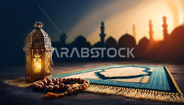 الاجتهاد في العبادة والتقرب إلى رب العالمين في شهر رمضان المبارك, سجادة الصلاة مع السبحة وفانوس معدني مضيء, الإكثار من ذكر الله تعالى من خلال الاستغفار والدعاء، الالتزام بالأذكار اليومية، مفهوم التسبيح والتهليل، خلفية المساجد الاسلامية
