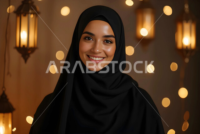 زينة وأنوار الأعياد والمناسبات،  الفوانيس المعدنية المضيئة المعلقة، صورة مقربة لامرأة عربية خليجية سعودية مبتسمة ترتدي الحجاب والعباءة تنظر إلى الكاميرا بإيماءات السرور والسعادة، الاستعداد والتجهز لاستقبال رمضان المبارك، الاحتفال بقدوم شهر الخير