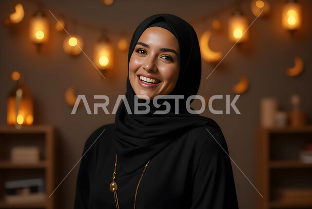 الفوانيس المعدنية المضيئة المعلقة، صورة مقربة لامرأة عربية خليجية سعودية مبتسمة ترتدي الحجاب والعباءة تنظر إلى الكاميرا بإيماءات السرور والسعادة، زينة وأنوار الأعياد والمناسبات،  الاستعداد والتجهز لاستقبال رمضان المبارك، الاحتفال بقدوم شهر الخير