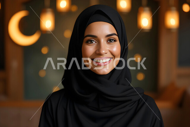الاستعداد والتجهز لاستقبال رمضان المبارك، الفوانيس المعدنية المضيئة المعلقة، صورة مقربة لامرأة عربية خليجية سعودية مبتسمة ترتدي الحجاب والعباءة تنظر إلى الكاميرا بإيماءات السرور والسعادة، زينة وأنوار الأعياد والمناسبات، الاحتفال بقدوم شهر الخير