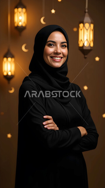 Holiday and occasion decorations and lights, celebrating the arrival of the month of goodness, hanging illuminated lanterns, a smiling Saudi Arabian Gulf woman wearing a hijab and an abaya standing with crossed hands looking at the camera with gestures of joy and happiness, preparing and getting ready to welcome the holy month of Ramadan
