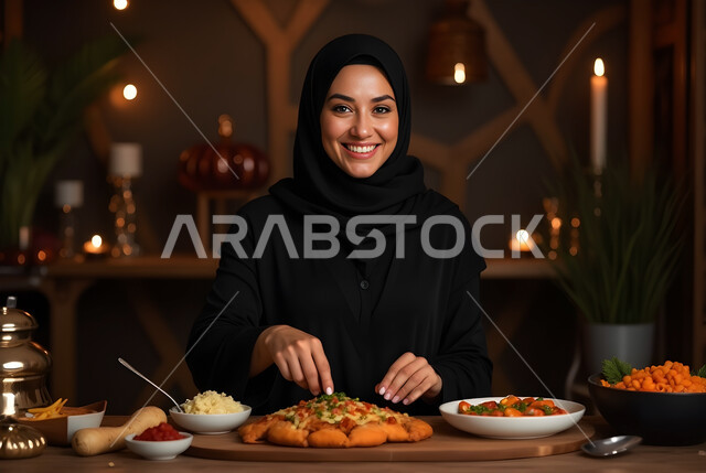 Decorations and lights for holidays and occasions, celebrating the arrival of the month of goodness, preparing and getting ready to welcome the holy month of Ramadan, a smiling Saudi Arabian Gulf woman wearing a hijab and an abaya preparing food for breakfast, looking at the camera with gestures of pleasure and happiness
