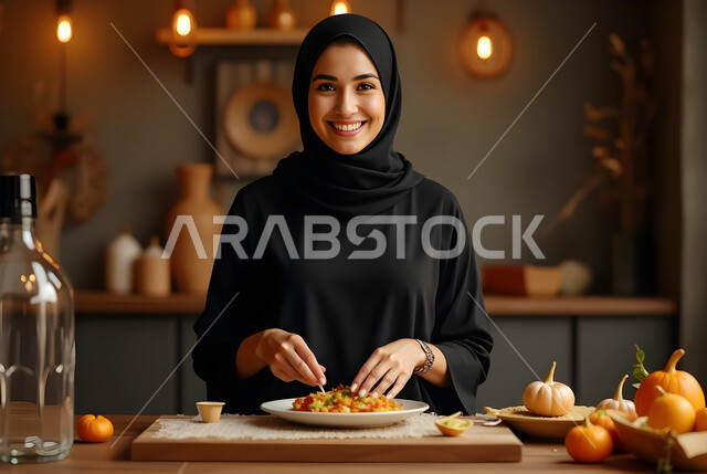 الاستعداد والتجهز لاستقبال رمضان المبارك، زينة وأنوار الأعياد والمناسبات، الاحتفال بقدوم شهر الخير، امرأة عربية خليجية سعودية مبتسمة ترتدي الحجاب والعباءة تقوم بتحضير الطعام للإفطار تنظر إلى الكاميرا بإيماءات السرور والسعادة