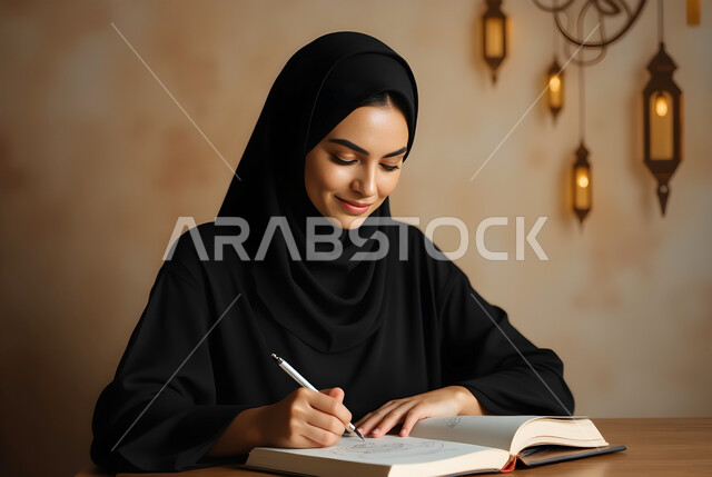 الاستعداد لاستقبال رمضان المبارك، مفهوم تدوين الملاحظات، صورة مقربة لامرأة عربية خليجية سعودية ترتدي الحجاب والعباءة تمسك بيدها قلم تقوم بالكتابة على كتاب، الثقافة والتعلم الذاتي، زينة وأنوار الأعياد والمناسبات، الاحتفال بقدوم شهر الخير
