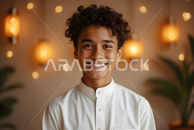 زينة وأنوار الأعياد والمناسبات، الاستعداد لاستقبال رمضان المبارك، صورة مقربة لولد عربي خليجي سعودي مبتسم يرتدي الثوب التقليدي ينظر إلى الكاميرا بإيماءات السرور والسعادة، الفوانيس المعدنية المضيئة المعلقة، الاحتفال بقدوم شهر الخير