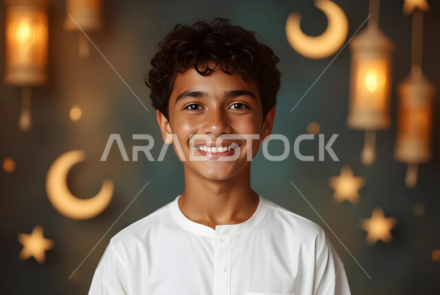 الاستعداد لاستقبال رمضان المبارك، صورة مقربة لولد عربي خليجي سعودي مبتسم يرتدي الثوب التقليدي ينظر إلى الكاميرا بإيماءات السرور والسعادة، زينة وأنوار الأعياد والمناسبات، الفوانيس المعدنية المضيئة المعلقة، الاحتفال بقدوم شهر الخير