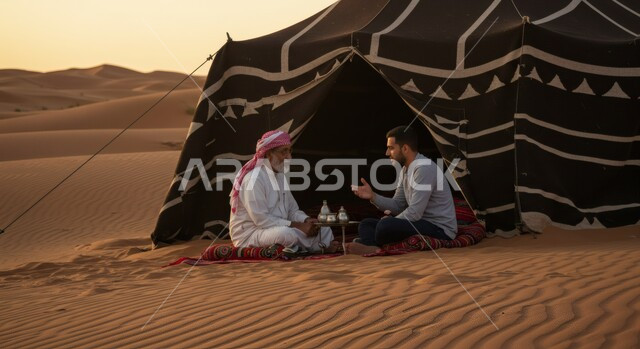 التكوينات والتشكيلات الرملية في الصحاري، مغامرة ورحلة ترفيهية، رجلان عربيان خليجيان عربيان يجلسان أمام خيمة سوداء على الرمال الذهبية الناعمة عند غروب الشمس، التخييم في المناطق الصحراوية، كشتة وجلسة شبابية في البرية في صحراء المملكة العربية السعودية
