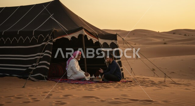 مغامرة ورحلة ترفيهية، رجلان عربيان خليجيان عربيان يجلسان أمام خيمة سوداء على الرمال الذهبية الناعمة عند غروب الشمس، التخييم في المناطق الصحراوية، كشتة وجلسة شبابية في البرية في صحراء المملكة العربية السعودية، التكوينات والتشكيلات الرملية في الصحاري