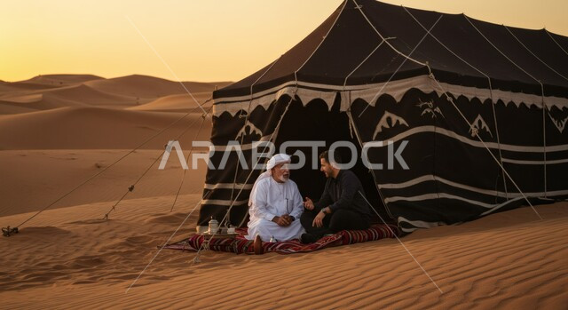 التخييم في المناطق الصحراوية، كشتة وجلسة شبابية في البرية في صحراء المملكة العربية السعودية، مغامرة ورحلة ترفيهية، رجلان عربيان خليجيان عربيان يجلسان أمام خيمة سوداء على الرمال الذهبية الناعمة عند غروب الشمس، التكوينات والتشكيلات الرملية في الصحاري