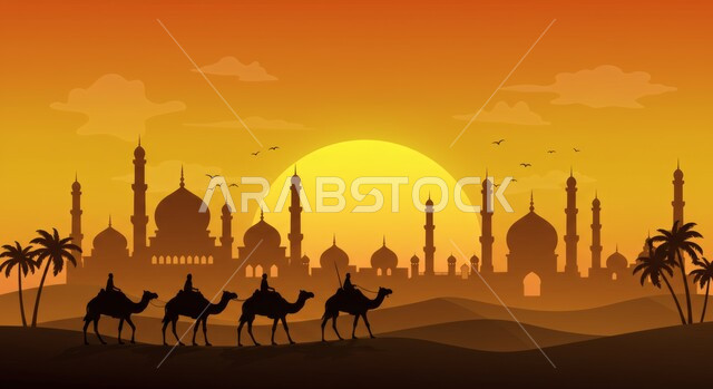 وسيلة للتنقل والسفر في القدم، الاهتمام في تربية الجمال والإبل، مفهوم رعاية المواشي والثدييات، صورة ظلية لقطيع من حيوان الجمل يمشون على الرمال الناعمة في الصحراء عند غروب الشمس، المناظر الطبيعية وأشجار النخيل في الصحاري، خلفية المساجد الإسلامية، سالوييت