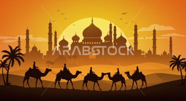 الاهتمام في تربية الجمال والإبل، مفهوم رعاية المواشي والثدييات، صورة ظلية لقطيع من حيوان الجمل يمشون على الرمال الناعمة في الصحراء عند غروب الشمس، المناظر الطبيعية وأشجار النخيل في الصحاري، وسيلة للتنقل والسفر في القدم، خلفية المساجد الإسلامية، سالوييت