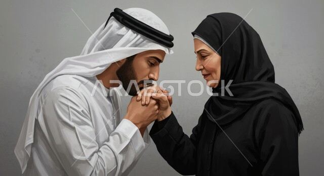مفهوم بر الوالدين، التقدير للأم ورد الجميل لها، بورتريه مقرب لرجل عربي خليجي اماراتي يرتدي الكندورة والغترة يقوم بتقبيل يده والدته، الترابط والتماسك في الأسر الاماراتية، التعبير عن الحب والاحترام، التربية الصالحة للأبناء، خلفية رمادية