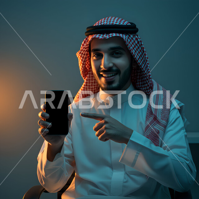 Pointing index finger at blank black screen, using modern technology device, close-up portrait of a Saudi Arabian Gulf man wearing traditional thobe and shemagh holding mobile phone in hand pointing at it looking at camera with gestures of pleasure, browsing social media sites via mobile, gray background