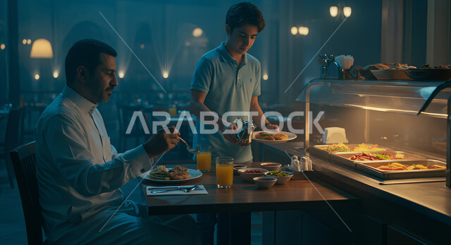 الاستمتاع مع الأبناء، اطباق متنوعه من المأكولات والمشروبات، مفهوم الخدمة الذاتية في مطاعم المملكة العربية السعودية، رجل عربي خليجي سعودي يرتدي الثوب التقليدي يجلس على سفرة الطعام في المطعم يقوم بتناول وجبة الغداء برفقة ابنه