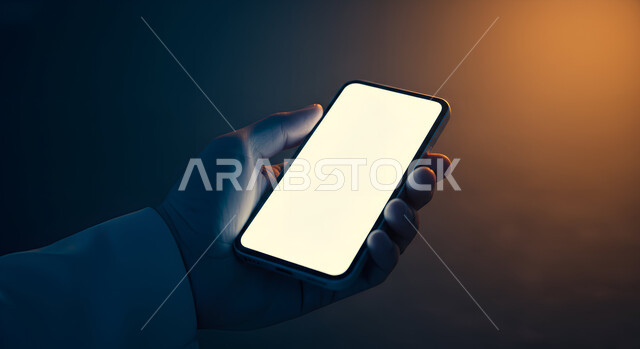 Integrating modern and advanced technology into practical life, displaying a blank white screen, using a modern technical device, a close-up of a Saudi Arabian Gulf man's hand holding a mobile phone, browsing social media sites via mobile