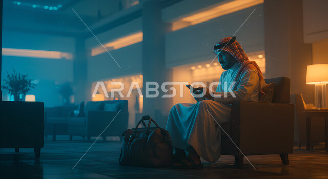 استخدام جهاز تقني حديث، رجل عربي خليجي سعودي يرتدي الثوب التقليدي والشماغ يجلس في مكتب يستخدام الهاتف المحمول بإيماءات التركيز، تصفح مواقع التواصل الاجتماعي، الدردشة مع الاهل والاصدقاء عبر الجوال