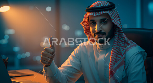 العمل في شركات ومؤسسات المملكة العربية السعودية، صورة مقربة لرجل عربي خليجي سعودي يرتدي الثوب التقليدي والشماغ يجلس في مكتبه داخل مقر الشركة ينظر إلى الكاميرا يرفع إصبع الإبهام للأعلى بإيماءات القبول والاعجاب، علامة الجودة والامتياز