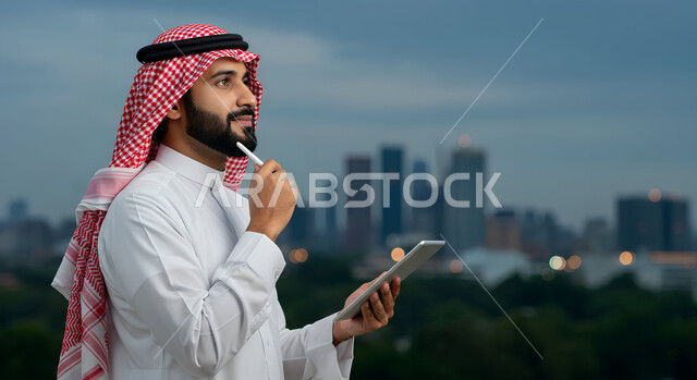 العمل عن بعد عبر الانترنت، استخدام جهاز تقني حديث، رجل عربي خليجي سعودي يرتدي الثوب التقليدي والشماغ يمسك بيده الجهاز اللوحي المحمول والقلم يضع يده أسفل ذقنه ينظر إلى الاعلى بإيماءات التفكير، خلفية الابنية وناطحات السحاب