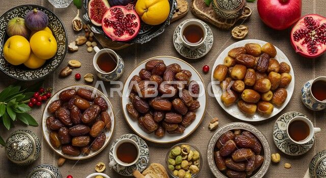 وجبة غذائية ذات قيمة عالية، الاحتفال بقدوم رمضان المبارك، أطباق من أنواع متعددة من التمر والفاكهة على مائدة الافطار عند اذان المغرب، صورة علوية عامودية لسفرة رمضانية مليئة بأصناف الطعام والمقبلات الشهية، افطار الصائم في شهر الخير