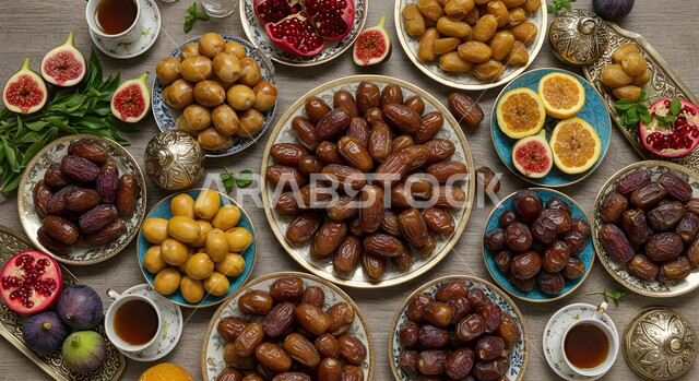 الاحتفال بقدوم رمضان المبارك، أطباق من أنواع متعددة من التمر والفاكهة على مائدة الافطار عند اذان المغرب، صورة علوية عامودية لسفرة رمضانية مليئة بأصناف الطعام والمقبلات الشهية، وجبة غذائية ذات قيمة عالية، افطار الصائم في شهر الخير
