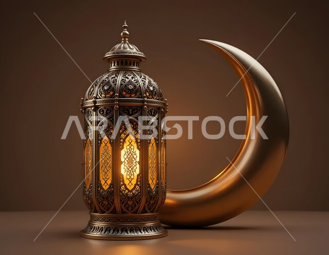 تحف واكسسوارات وزينة رمضان المبارك، المناسبات الدينية والأعياد الإسلامية, استقبال الأجواء الرمضانية الروحانية، فانوس معدني عربي مزخرف ومضيء مع هلال الشهر الفضيل، خلفية بيج