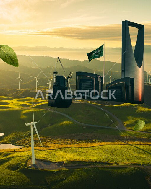 علم المملكة العربية السعودية يرفرف في السماء، اليوم الوطني السعودي 23 سبتمبر، برج المملكة في العاصمة الرياض، منظر المروج الخضراء، الفن الهندسي للابراج وناطحات السحاب، التطور والتقدم العمراني للمنشأت في المملكة العربية السعودية، مكان سياحي مشهور