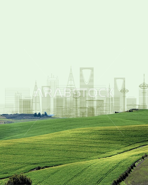 منظر المروج الخضراء، الفن الهندسي للابراج وناطحات السحاب، التطور والتقدم العمراني للمنشأت في المملكة العربية السعودية، مكان سياحي مشهور، برج المملكة في العاصمة الرياض، التصاميم الهندسية المعمارية على الطراز الحديث والمتطور