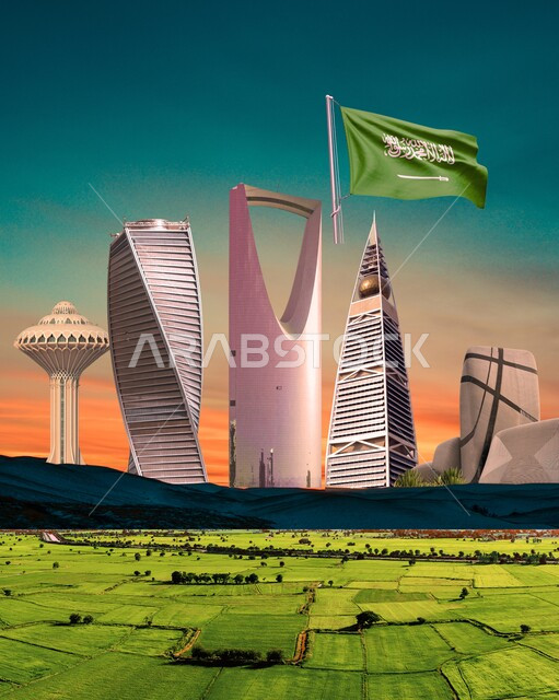 اليوم الوطني السعودي 23 سبتمبر، برج المملكة والفيصلية والمجدول في العاصمة الرياض، منظر المروج الخضراء، الفن الهندسي للابراج وناطحات السحاب، التطور والتقدم العمراني للمباني، مكان سياحي مشهور، علم المملكة العربية السعودية يرفرف في السماء