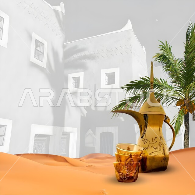 كرم الضيافة وحسن الاستقبال في المملكة، ذكرى تأسيس الدوله السعوديه الأولى 1727م الفن التراثي الحرفي التقليدي، التراث السعودي الشعبي، دلة القهوة العربية مع الفناجين على الرمال الناعمة في الصحراء