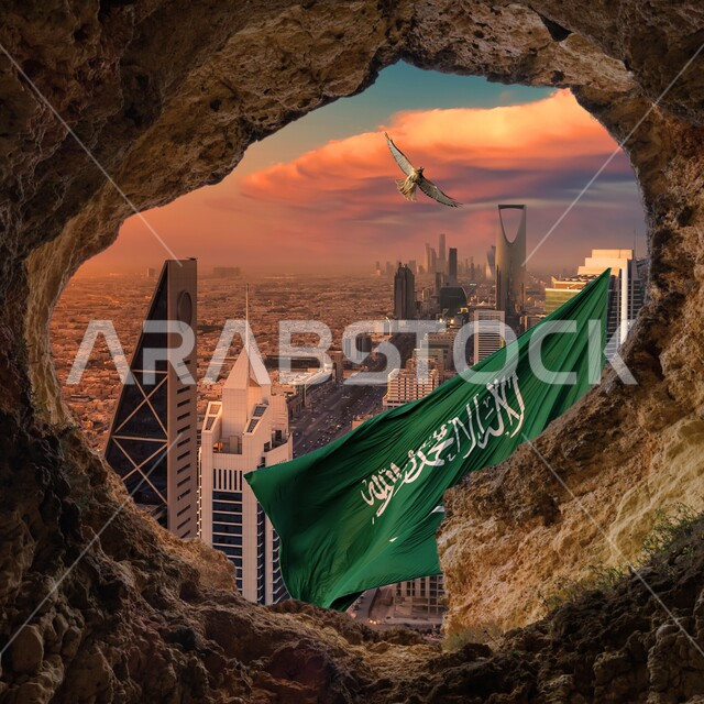  التصاميم الهندسية المعمارية على الطراز الحديث، برج المملكة في العاصمة الرياض، الفن الهندسي للابراج وناطحات السحاب، التطور والتقدم العمراني للمباني، مكان سياحي مشهور، علم المملكة العربية السعودية يرفرف في السماء