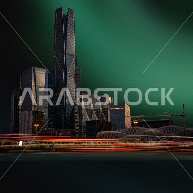 الوجهة الرئيسية للمال والاعمال، مركز الملك عبد الله المالي ( كافد ) في الرياض، الفن الهندسي المعماري الحديث والمتطور للابراج وناطحات السحاب، المدينة المالية في المملكة العربية السعودية، التقدم والتطور العمراني للمباني والمنشآت، مكان ومعلم مشهور، خلفية خضراء، كروما