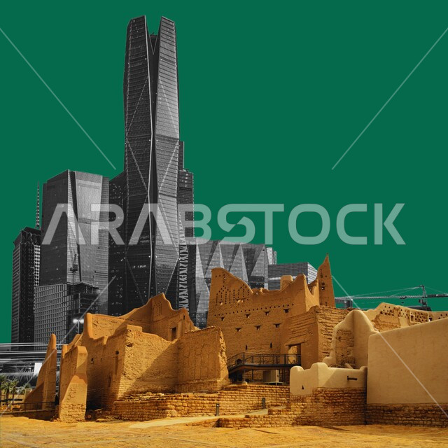 التقدم والتطور العمراني للمباني والمنشآت، مركز الملك عبد الله المالي ( كافد ) في الرياض، الفن الهندسي المعماري الحديث والمتطور للابراج وناطحات السحاب، المدينة المالية في المملكة العربية السعودية، الوجهة الرئيسية للمال والاعمال، مكان ومعلم مشهور، خلفية خضراء، كروما