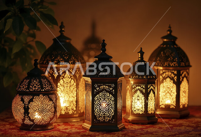 Occasion and Islamic religious holiday, a set of illuminated metal lanterns, Ramadan decoration and ornaments, the joy of the coming of the month of goodness, the spiritual atmosphere of Ramadan, a distinctive traditional masterpiece and accessory