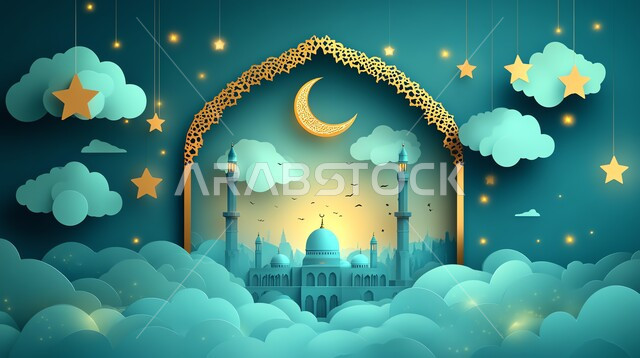 The concept of worship and getting closer to God, the spiritual atmosphere of Ramadan, the joy of the arrival of the month of goodness, the occasion and the Islamic religious holiday, a three-dimensional model of a mosque with a crescent moon, stars and clouds, Ramadan decorations and ornaments, blue background