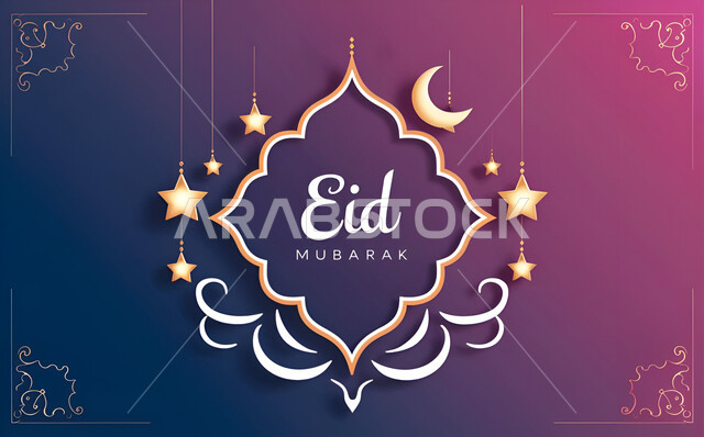 قالب تصميم للتهنئة بقدوم العيد، مخطوطة عيد مبارك باللغة الانكليزية، الاحتفال بالمناسبات والاعياد الدينية الإسلامية، عبارات و نصوص باللون الابيض مع زخارف وهلال ونجوم, خلفية بنفسجية