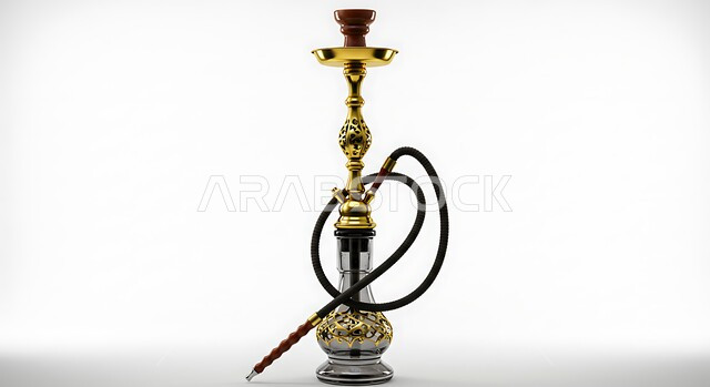 أرجيلة تحتوي على خرطوم ووعاء الماء، صورة مقربة لشيشة باللون الأسود والذهبي، آداة تدخين مضرة بالصحة، خلفية بيضاء