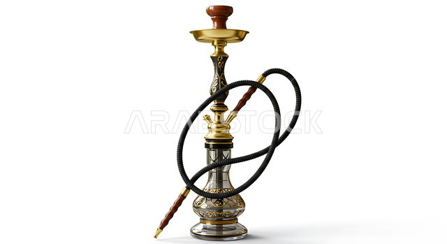 أرجيلة تحتوي على خرطوم ووعاء الماء، صورة مقربة لشيشة باللون الأسود والذهبي، آداة تدخين مضرة بالصحة، خلفية بيضاء