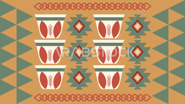 اتباع العادات والتقاليد السعودية، حسن الضيافه والإستقبال في الأعياد والمناسبات الدينية، تصميم سعودي للنقوش العربيه الاصيله الملونة، الحرفة والمهنة اليدوية في المملكة، الفن الحرفي التراثي، التراث الشعبي لزخرفة السدو بأشكال لفناجين من القهوة التقليدية