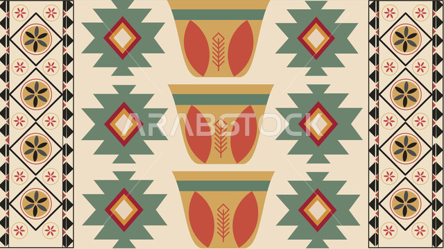 Crafts and manual professions in the Kingdom, hospitality and reception on religious holidays and occasions, Saudi design for authentic colorful Arabic engravings, following Saudi customs and traditions, traditional craft art, popular heritage of Sadu decoration in shapes for traditional coffee cups