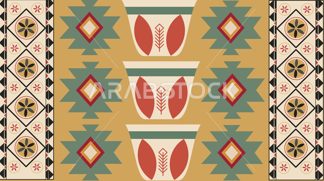 حسن الضيافه والإستقبال في الأعياد والمناسبات الدينية، تصميم سعودي للنقوش العربيه الاصيله الملونة، اتباع العادات والتقاليد السعودية، الحرفة والمهنة اليدوية في المملكة، الفن الحرفي التراثي، التراث الشعبي لزخرفة السدو بأشكال لفناجين من القهوة التقليدية