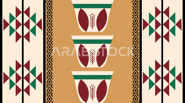 الحرفة والمهنة اليدوية في المملكة، حسن الضيافه والإستقبال في الأعياد والمناسبات الدينية، تصميم سعودي للنقوش العربيه الاصيله الملونة، اتباع العادات والتقاليد السعودية، الفن الحرفي التراثي، التراث الشعبي لزخرفة السدو بأشكال لفناجين من القهوة التقليدية