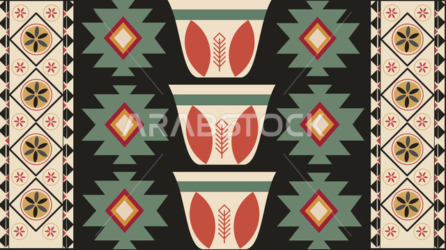 حسن الضيافه والإستقبال في الأعياد والمناسبات الدينية، تصميم سعودي للنقوش العربيه الاصيله الملونة، اتباع العادات والتقاليد السعودية، الحرفة والمهنة اليدوية في المملكة، الفن الحرفي التراثي، التراث الشعبي لزخرفة السدو بأشكال لفناجين من القهوة التقليدية