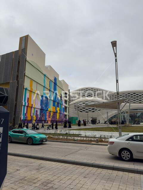 Urban development and progress, infrastructure improvement, metro and high-speed train stations, King Abdullah Financial District (KAFD), traffic movement in the streets of Saudi Arabia, modern architectural style of Riyadh Metro Station, famous tourist attraction